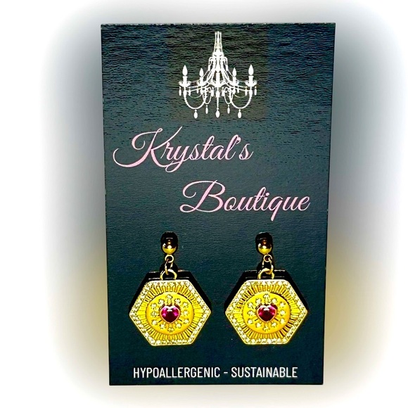 Gold Hexagon Cubic Zirconia CZ with Pink Garnet Earrings - Picture 3 of 9